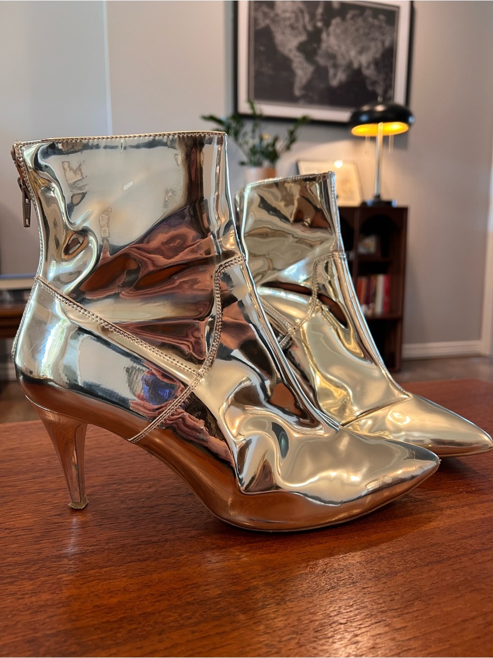 Free People Mirrored Metallic Heeled Ankle Boot Zip Pointed Toe Silver Mercury